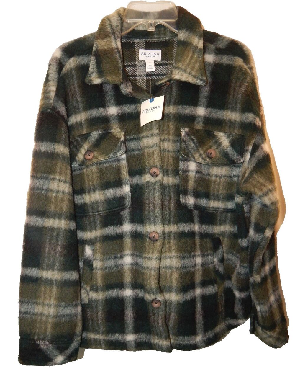 NWT Arizona Shacket Women's XL Juniors Faux Fur Midweight Shirt Jacket L/S Plaid
